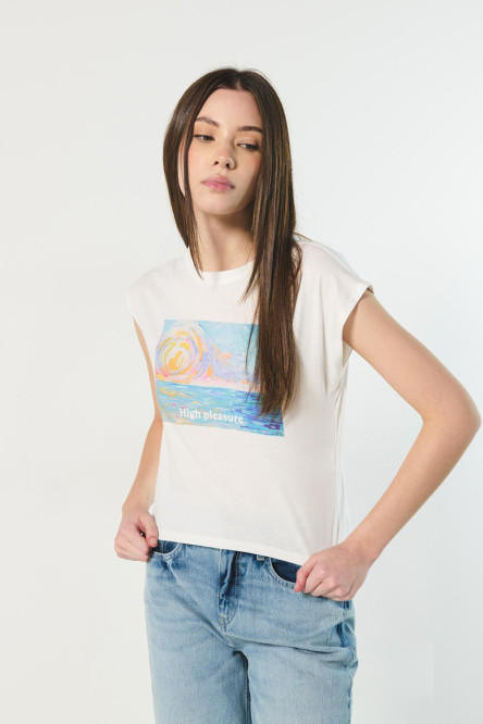 Camiseta manga corta unicolor con paisaje artístico