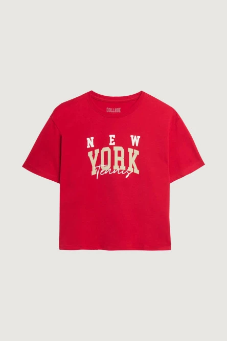 Camiseta crop top roja oscura con diseño college de NY