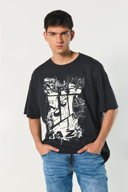 Camiseta gris oversize manga corta con arte de Looney Tunes