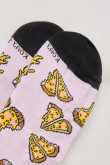 Medias largas lilas con diseños de pizza y contrastes