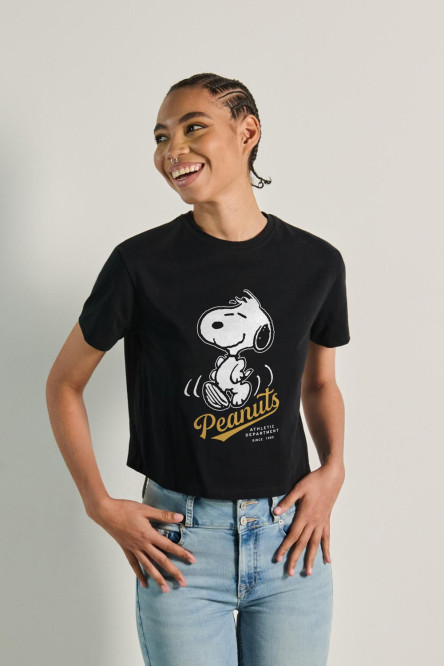 Camiseta crop top unicolor en algodón con arte de Snoopy