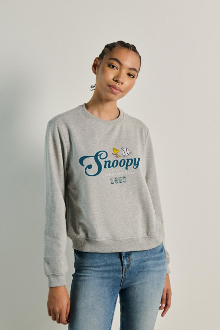 Buzo de Snoopy college unicolor perchado cuello redondo