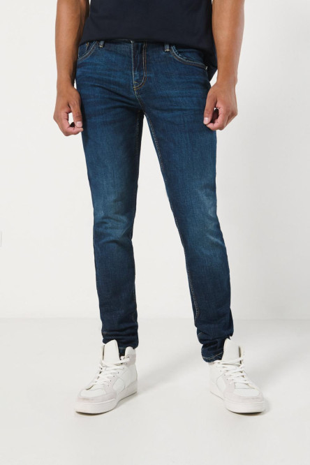 Jean ajustado azul oscuro skinny con tiro bajo y bolsillos