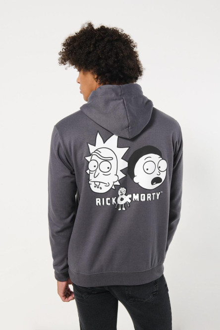 Buzo gris con diseños de Rick and Morty y capota