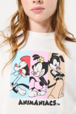 Buzo cuello redondo crema crop top con diseño de Animaniacs