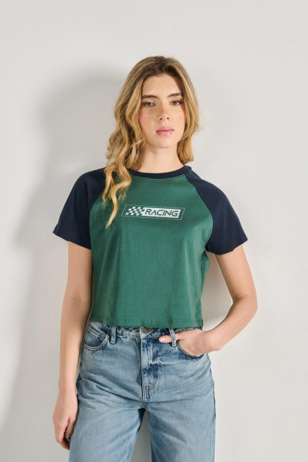 Camiseta unicolor racer con manga ranglan corta