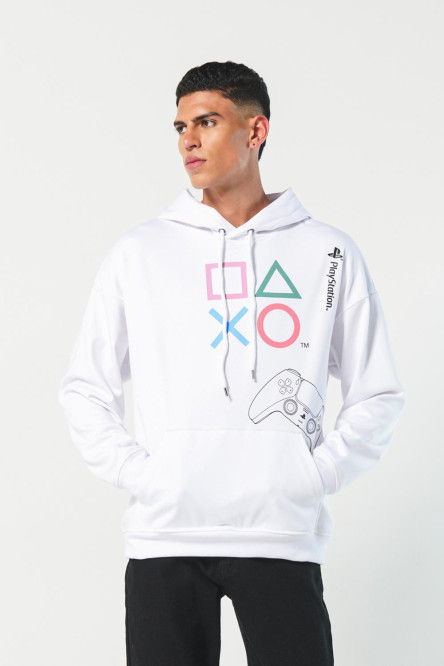 Buzo oversize blanco con capota y diseños de PlayStation