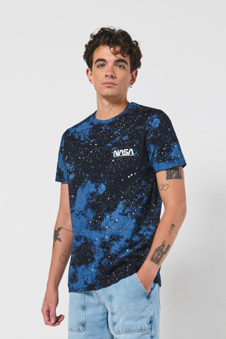 Camiseta azul con bolsillo, diseños de NASA y manga corta