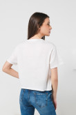 Camiseta para mujer manga corta unicolor, crop top cuello redondo, estampado en frente estilo College