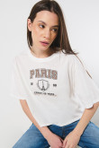 Camiseta para mujer, crop top oversize, unicolor, estampado en frente estilo College.