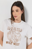 Camiseta para mujer manga corta unicolor, crop top cuello redondo, estampado en frente.