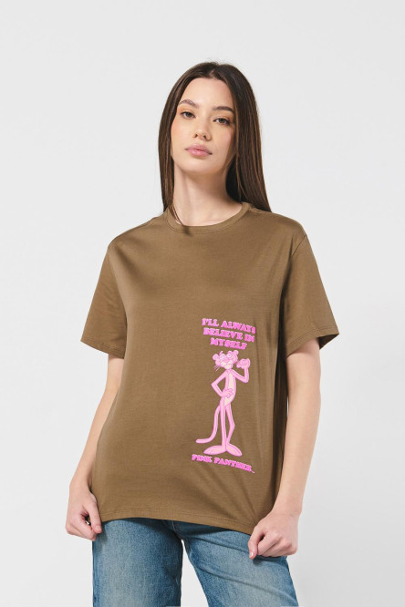 Camiseta unicolor para mujer manga corta estampada en frente de La pantera rosa.