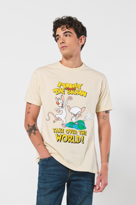 Camiseta kaki manga corta con arte de Pinky y Cerebro