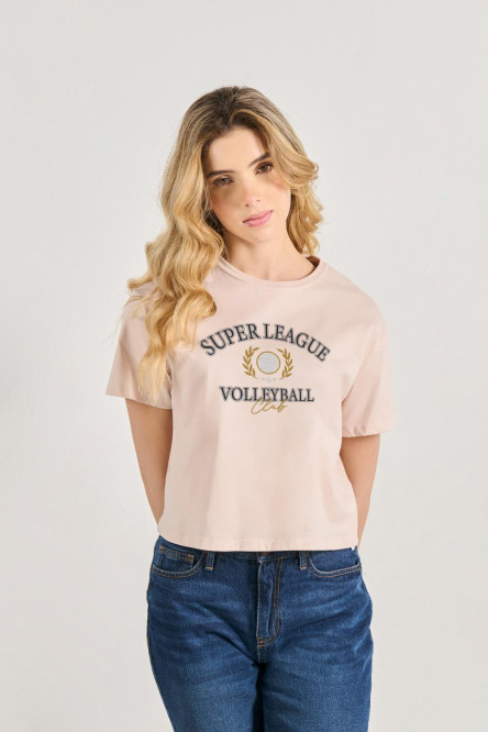 Camiseta crop top unicolor con arte college deportivo