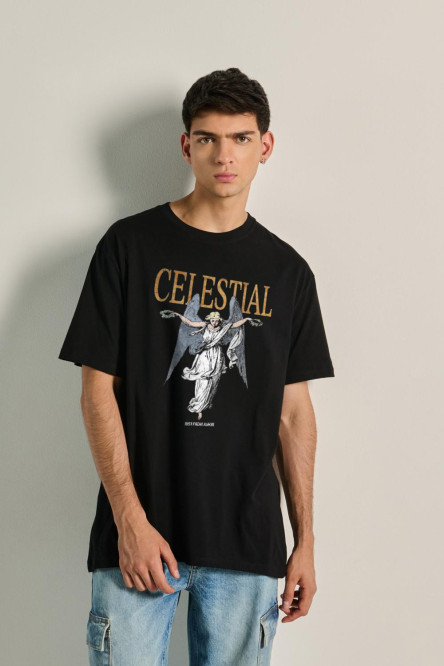 Camiseta oversize unicolor manga corta con diseño celestial