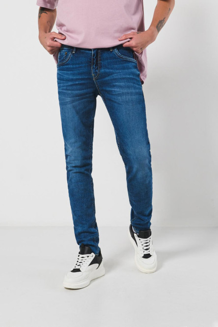 Jean skinny ajustado azul oscuro tiro bajo con 5 bolsillos