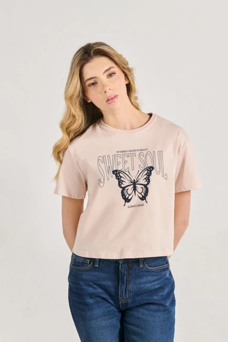 Camiseta unicolor crop top con diseño esotérico de mariposa