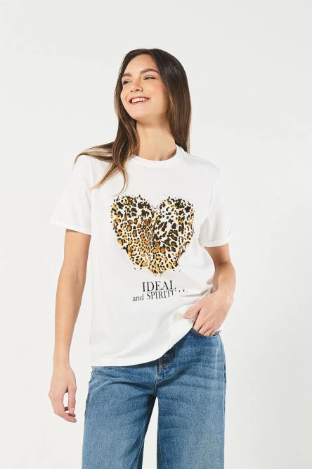 Camiseta unicolor con diseño animal print y manga corta