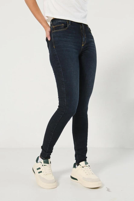 Jean jegging azul ajustado con tiro súper alto y bolsillos