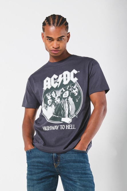 Camiseta gris intensa cuello redondo con diseño de AC/DC