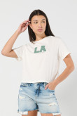 Camiseta para mujer manga corta unicolor, crop top cuello redondo, estampado en frente estilo College