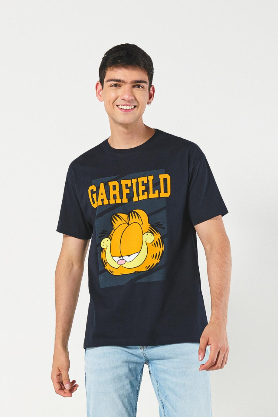 Camiseta azul intensa cuello redondo con arte de Garfield