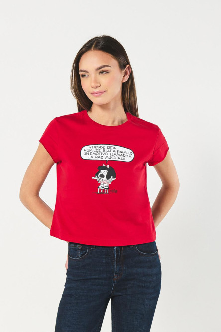 Camiseta roja oscura cuello redondo con arte de Mafalda