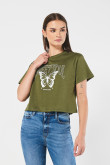 Camiseta crop top verde oscura con estampado esotérico