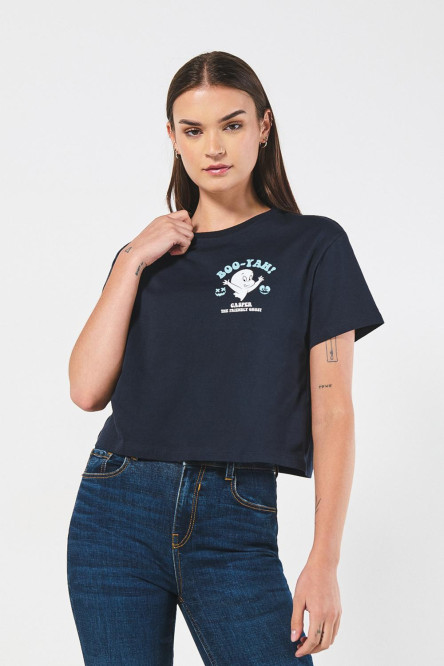 Camiseta crop top azul intensa con diseño de Gasparín