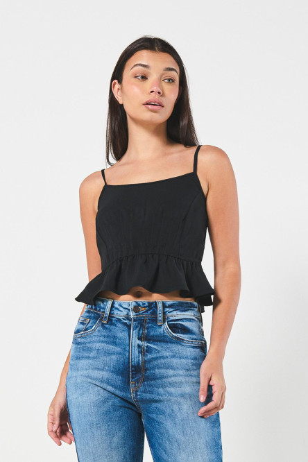 Blusa negra manga sisa con recogido en la cintura