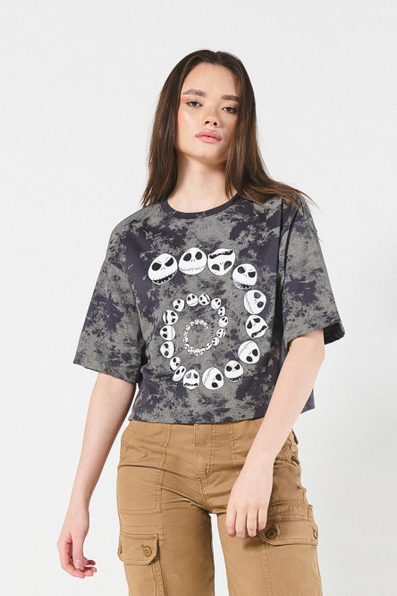 Camiseta crop top gris tie dye oversize con arte de Jack