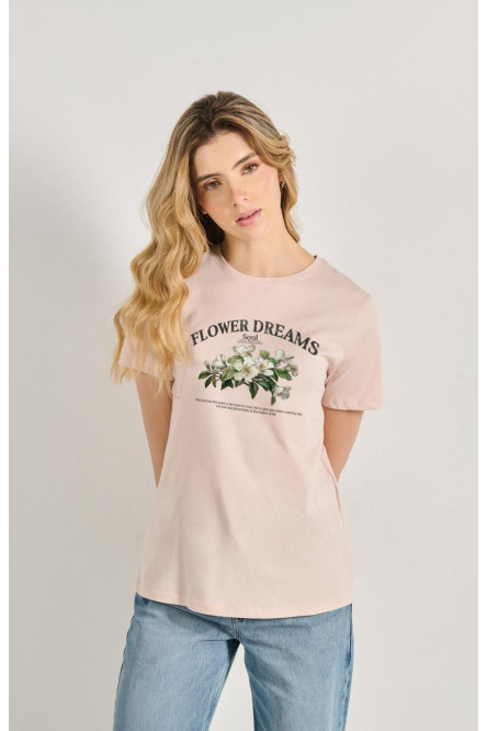 Camiseta manga corta unicolor con diseño artístico de flores