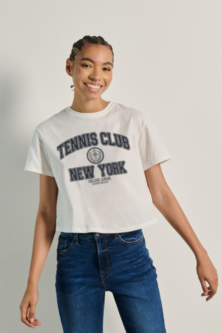 Camiseta unicolor crop top con texto college deportivo