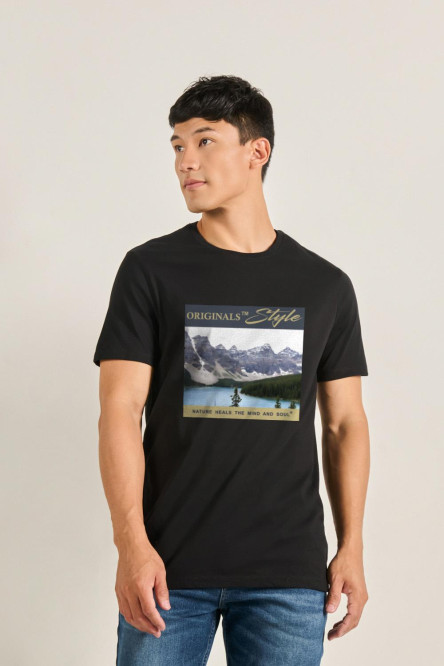 Camiseta unicolor cuello redondo con paisaje artístico