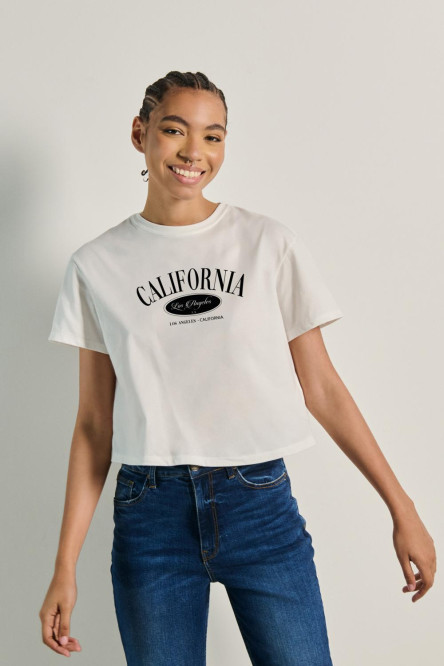 Camiseta crop top unicolor con texto college de California