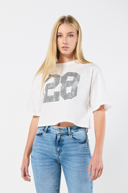 Camiseta oversize crop top crema con diseño college