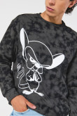 Buzo gris tie dye cuello redondo con arte de Pinky y Cerebro