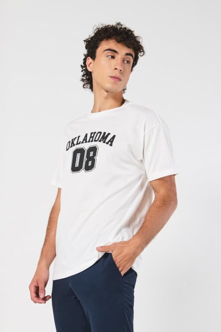 Camiseta crema college en algodón con manga corta