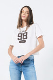 Camiseta para mujer manga corta unicolor, crop top cuello redondo, estampado en frente estilo College