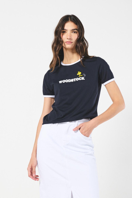 Camiseta azul manga corta con diseño de Woodstock