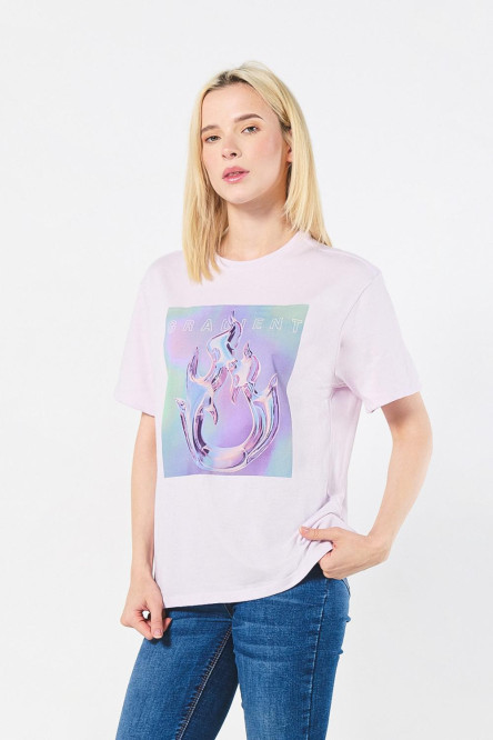 Camiseta lila manga corta con estampado futurista