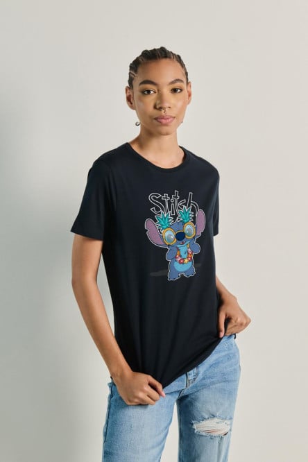 Camiseta de Stitch en algodón unicolor con manga corta