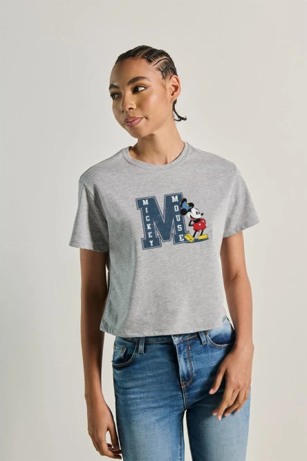 Camiseta unicolor crop top con estampado de Mickey