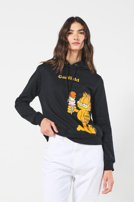 Buzo negro con diseño de Garfield, cordón y capota