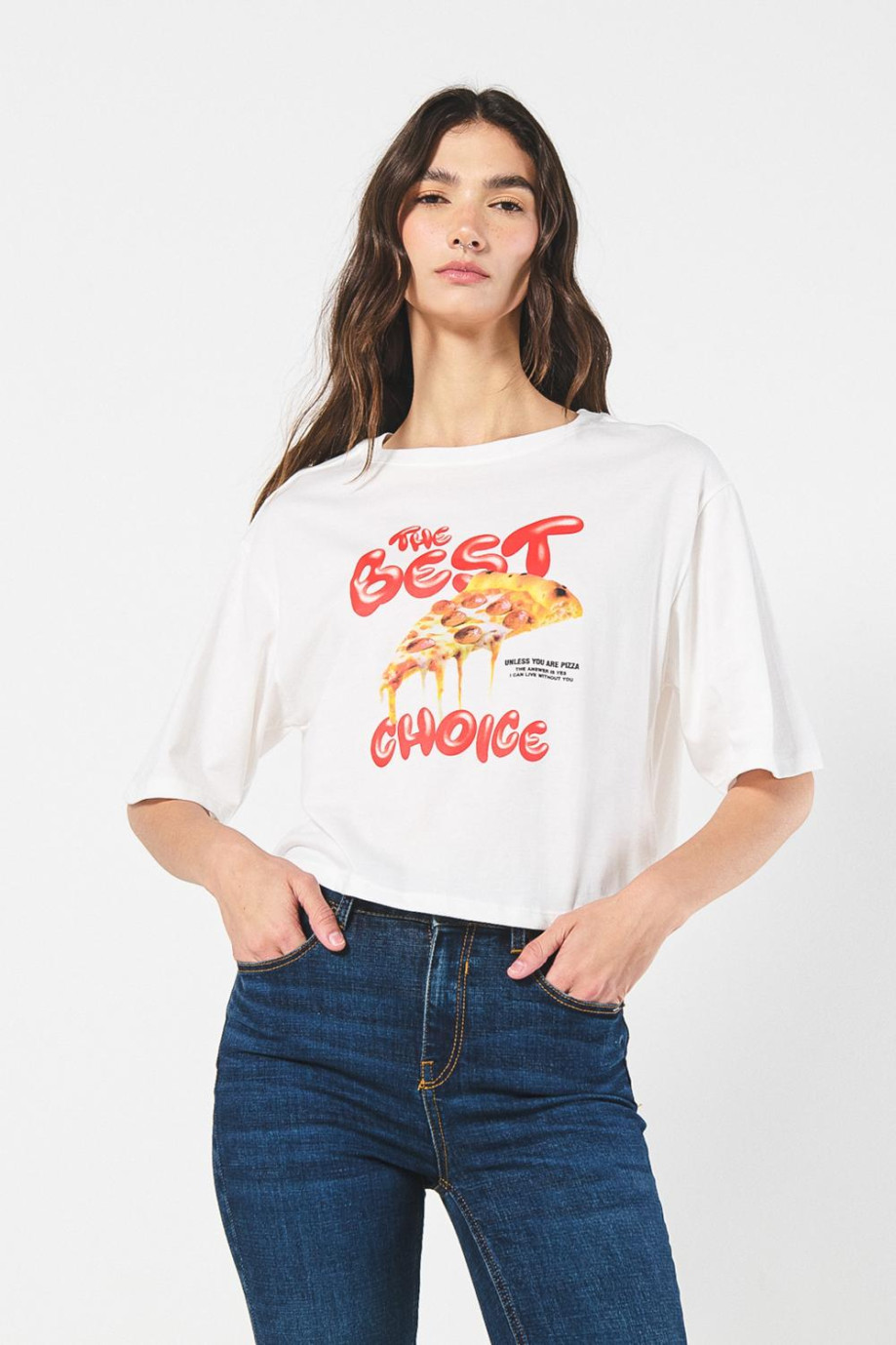 Camiseta para mujer, crop top oversize, unicolor, estampado en frente