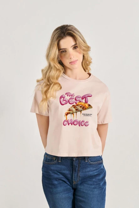 Camiseta crop top manga corta con estamapado de pizza