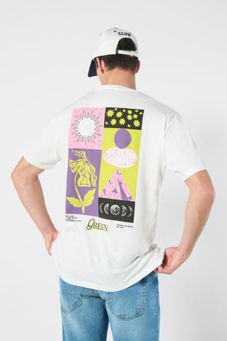 Camiseta crema con diseños de medio ambiente y manga corta