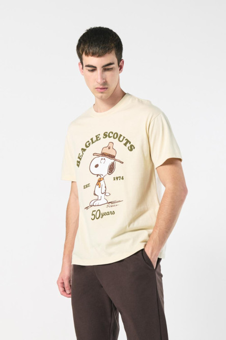 Camiseta kaki cuello redondo con estampado de Snoopy