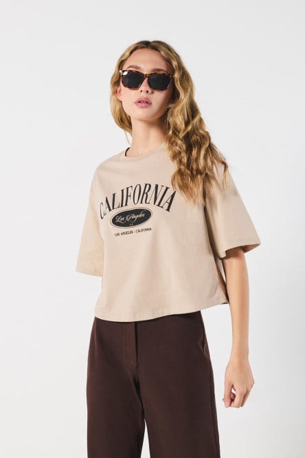 Camiseta para mujer, crop top oversize, unicolor, estampado en frente estilo College.