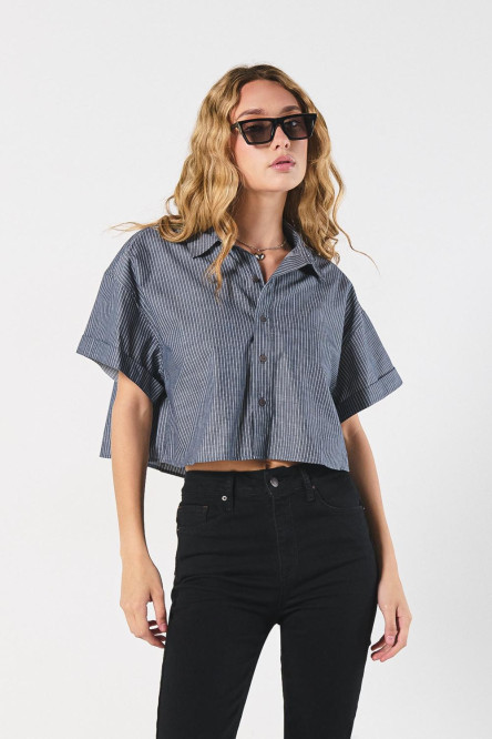 Blusa azul intensa a rayas crop top con manga corta